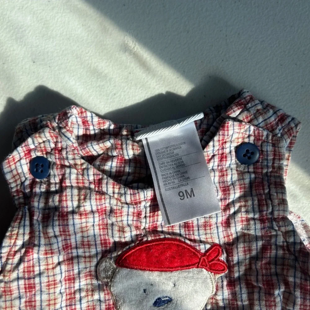 Vitamins Baby Bear Plaid Seersucker Romper Baby Boy 9M Red Blue Nautical